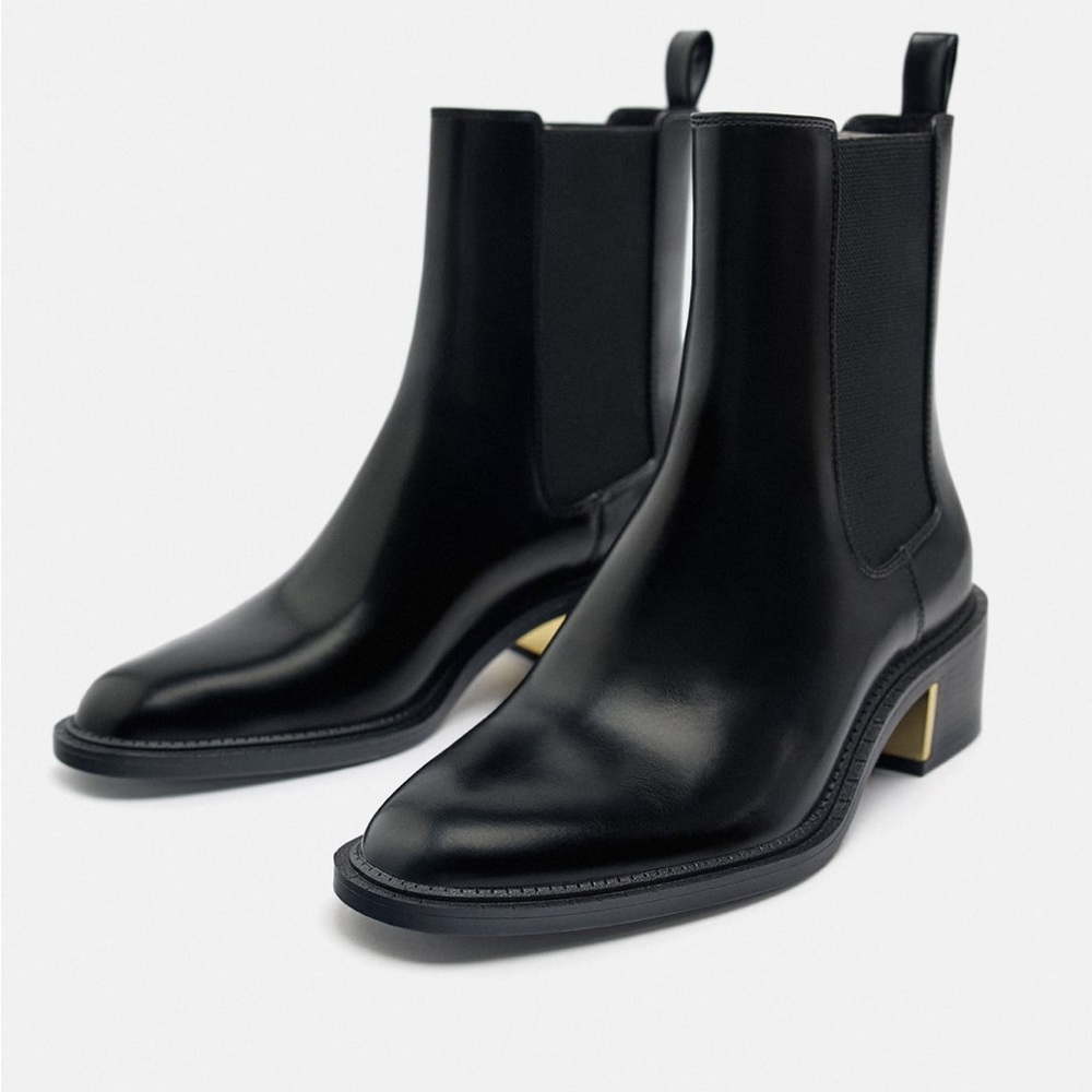 Zara black Metal trim block heel ankle boots 6.5 6 1/2 womens new NIB